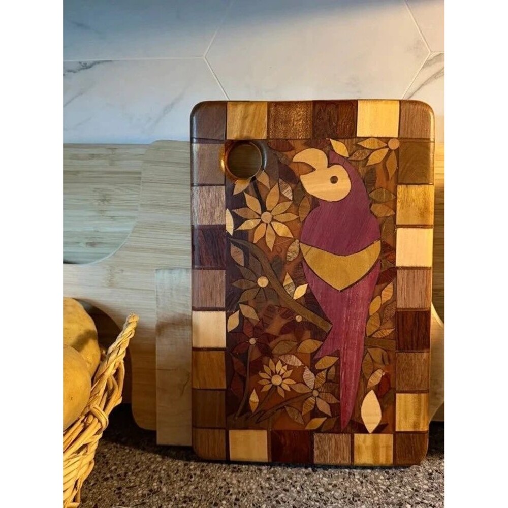 Vintage 1950s Wood Inlay Parrot Cutting Board / Boho Wall Decor